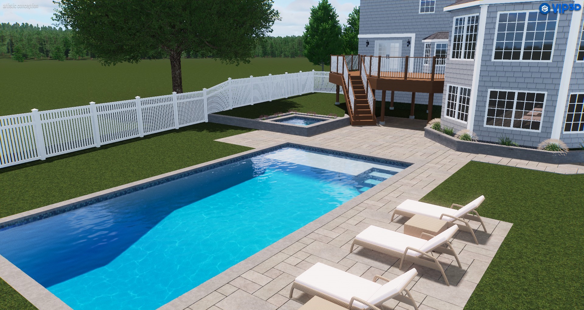Detailed 3D Rendering in Middletown showing a proposed backyard pool and patio design